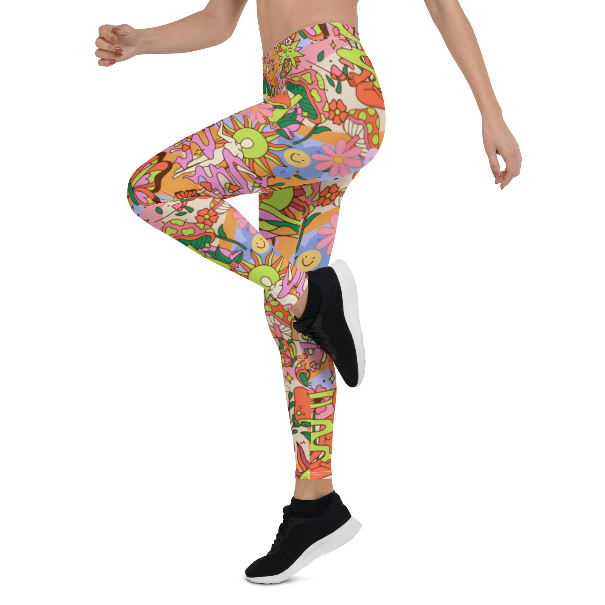 Groovy 70s Style Leggings | Kawaii Flower Power Compression Pants | Yume Kawaii Harajuku Fashion Leggings | Rave Outfit Festival Leggings, flowers, mushrooms, buddha, shrines, hippie leggins for women