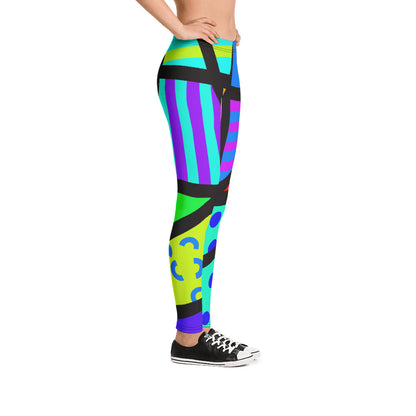 Geometric patterned Women's 80s Memphis design leggings or running tights by BillingtonPix, with bold colours and shapes, stripes, circles and swirls