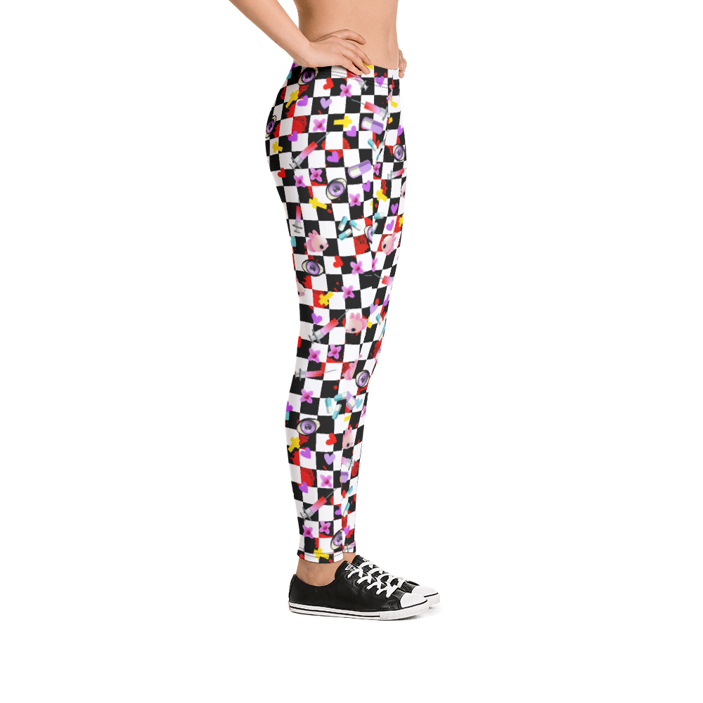 Yami Kawaii Harajuku Anime design women's leggings with a black and white chequered background, containing a number of Menhera Kei and Pop Kei references such as kawaii pink mice, yellow crosses, pastel goth spooky eyes, splatters of blood, hearts and cute looking pills. These gym leggings or running tights for women are something you might want to wear as festival leggings or rave fashion. Design by BillingtonPix