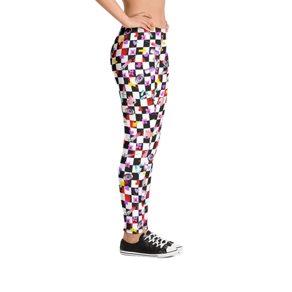 Yami Kawaii Harajuku Anime design women's leggings with a black and white chequered background, containing a number of Menhera Kei and Pop Kei references such as kawaii pink mice, yellow crosses, pastel goth spooky eyes, splatters of blood, hearts and cute looking pills. These gym leggings or running tights for women are something you might want to wear as festival leggings or rave fashion. Design by BillingtonPix