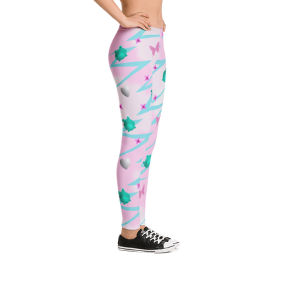 Women's Harajuku Fairy Kei gym or fashion leggings in pink with a blue lightning pattern, turquoise frogs, pink butterflies, silver hearts and pink flowers on this Yume Kawaii aesthetic fashion for festivals, streetwear fashion, gym or running tights by BillingtonPix