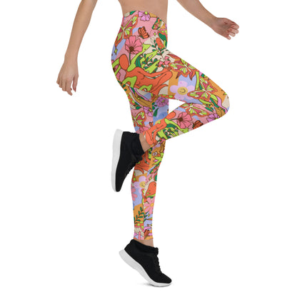 Groovy 70s Style Leggings | Kawaii Flower Power Compression Pants | Yume Kawaii Harajuku Fashion Leggings | Rave Outfit Festival Leggings, flowers, mushrooms, buddha, shrines, hippie leggins for women