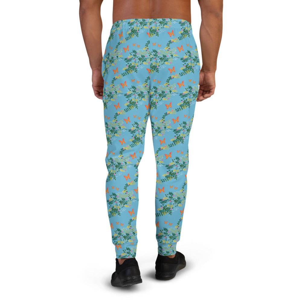 Traditional English Cottagecore patterned design featuring orange butterflies, leaves and flowers on this all-over print men's joggers and sweatpants by BillingtonPix