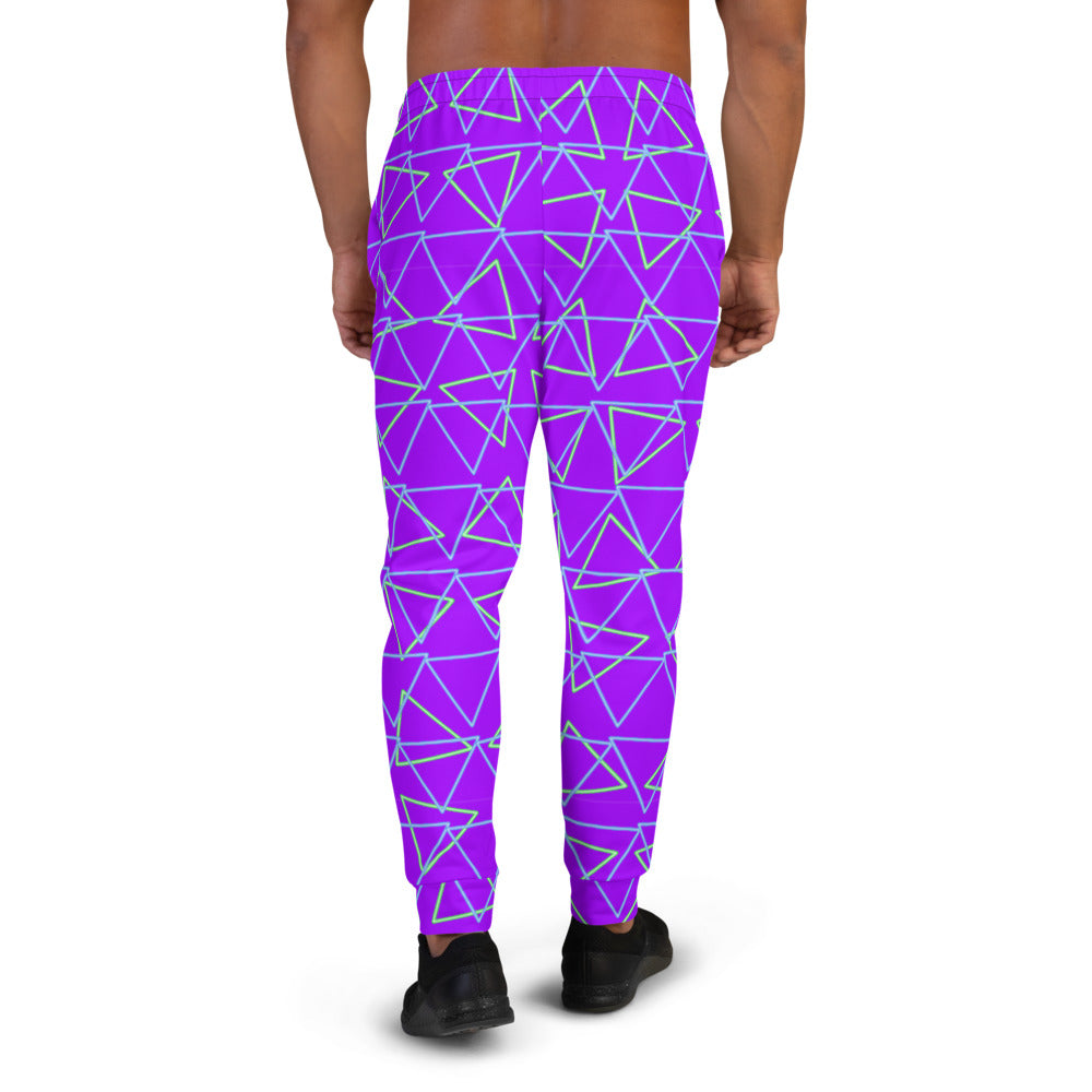 Synthwave blue and green neonwave style triangles against a vivid purple background on our men's joggers and sweatpants by BillingtonPix