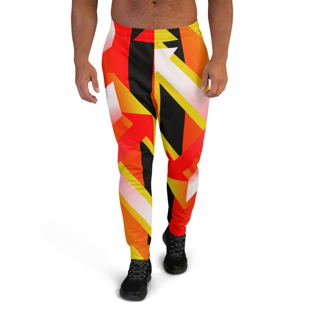 90s retro style men's joggers with a geometric pattern in tones of black, orange, yellow, red and white by BillingtonPix