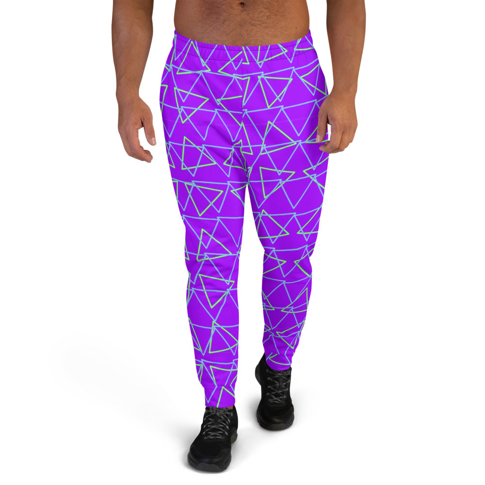 Synthwave blue and green neonwave style triangles against a vivid purple background on our men's joggers and sweatpants by BillingtonPix