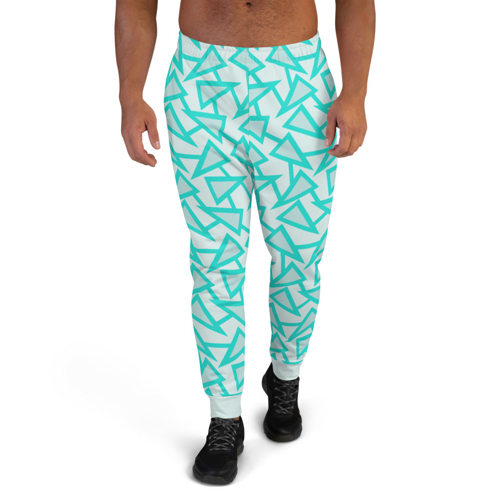 80s Memphis style men's joggers and sweatpants in a retro style geometric all-over pattern in tones of mint, turquoise and pale grey by BillingtonPix