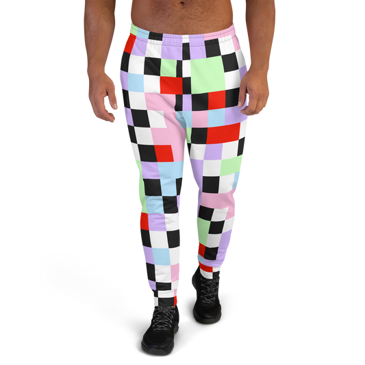 Pastel goth Harajuku themed men's joggers in chequered pattern of purple, green, pink, blue, red, black and white on these tracksuite bottoms by BillingtonPix