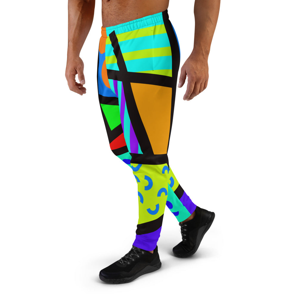 Vibrant 80s Memphis retro style men's joggers in geometric patterns and a black geometric overlay by BillingtonPix