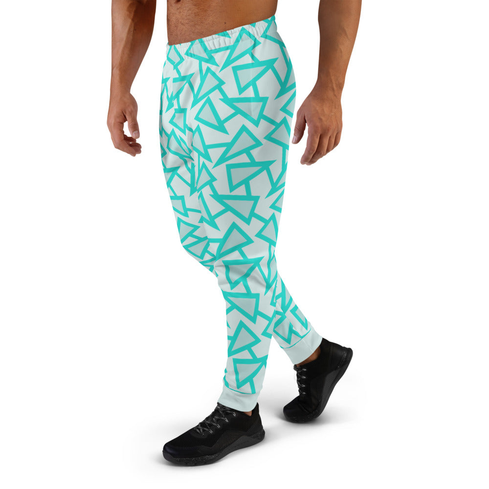 80s Memphis style men's joggers and sweatpants in a retro style geometric all-over pattern in tones of mint, turquoise and pale grey by BillingtonPix