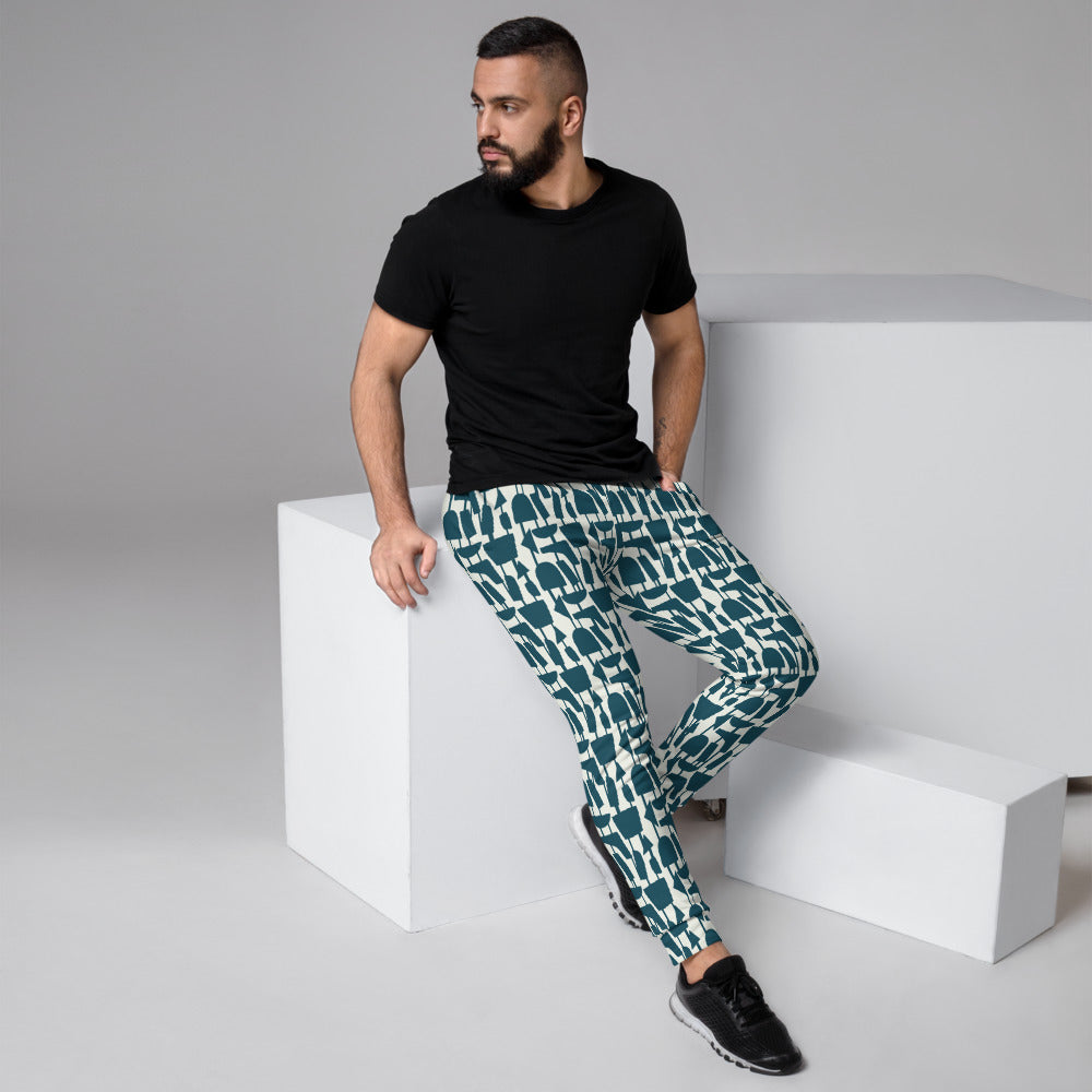 Teal and cream geometric patterned men's joggers by BillingtonPix