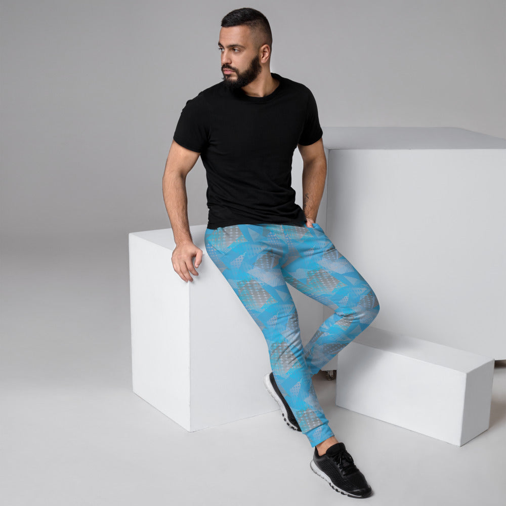 90s retro blue, grey, turquoise and white geometric patterned men's joggers by BillingtonPix