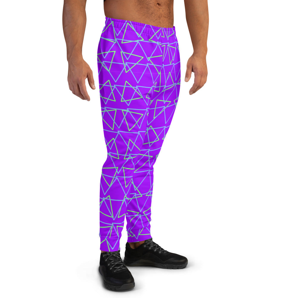 Synthwave blue and green neonwave style triangles against a vivid purple background on our men's joggers and sweatpants by BillingtonPix