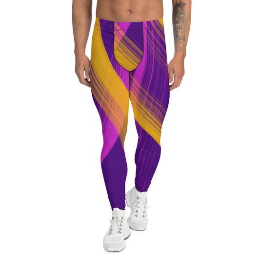 Swirling paint stripes in pink and amber against a purple background in a Vaporwave and 80s Memphis design style on these men's leggings or meggings by BillingtonPix