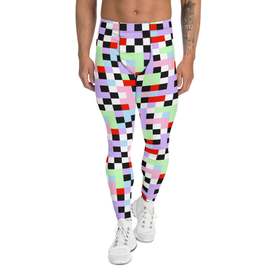 Gorgeous chequered pattern men's leggings in Pastel Goth color palette of purple, pink, blue, green, black and red. Great as rave meggings or festival pants, or equally as gym leggings for men or men's running tights. Design by BillingtonPix.