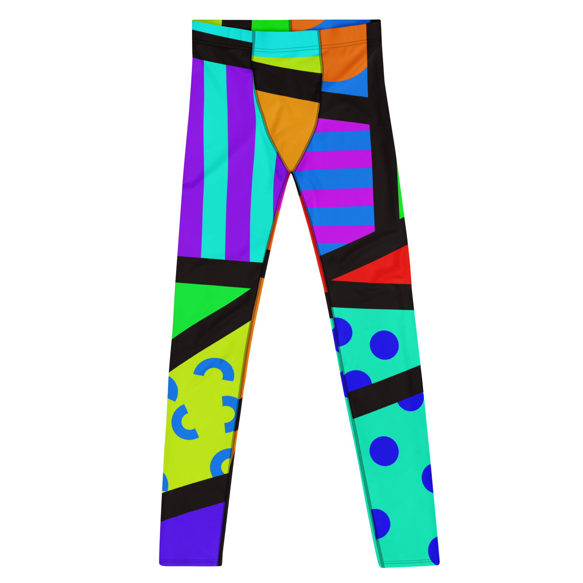 Geometric patterned Men's 80s Memphis style men's leggings or meggings by BillingtonPix, with bold colours and shapes, stripes, circles and swirls