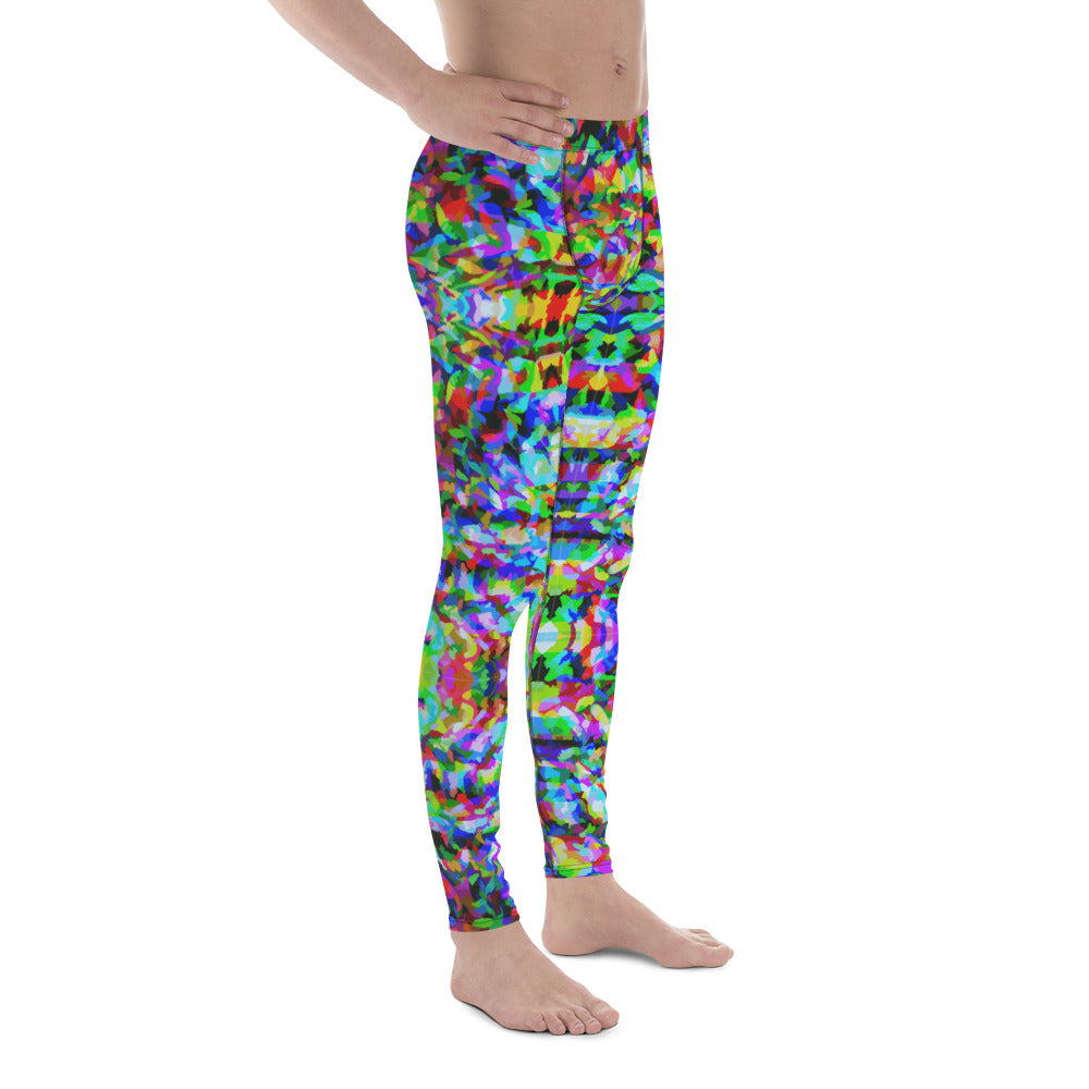 Mens leggings in a trippy psychedelic LGBT rainbow pattern. Geometric fuzzy pattern in rainbowcore all-over print fashion meggings for Gay Pride.