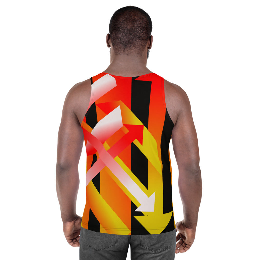 Retro 90s style geometric patterned tank top in tones of orange, red, black, yellow and white by BillingtonPix