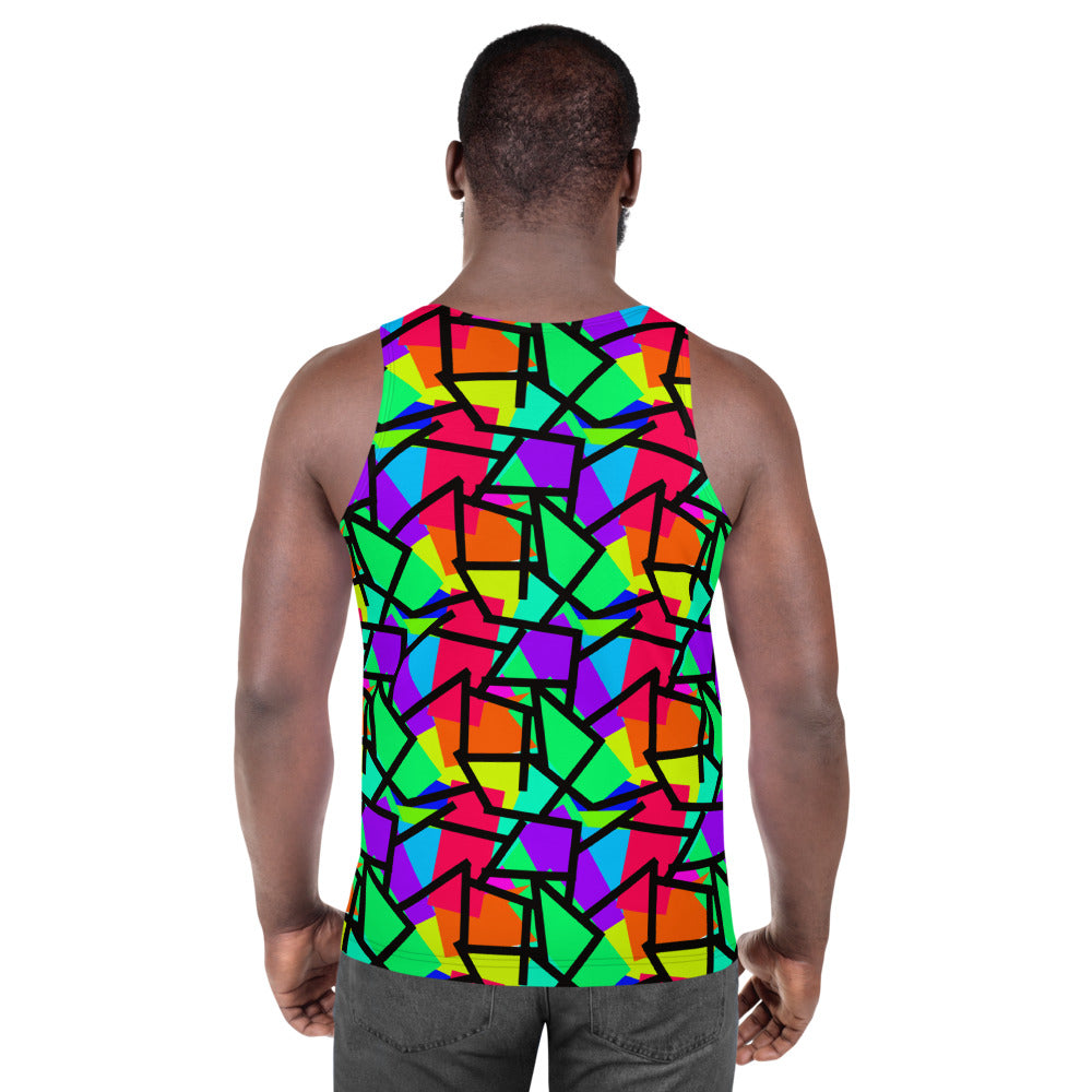 Vibrant colourful men's tank top vest in a kitsch 80s retro Memphis style with diagonal shapes in blue, red, orange, purple, turquoise, green and yellow and a black diagonal overlay on this tank top vest by BillingtonPix