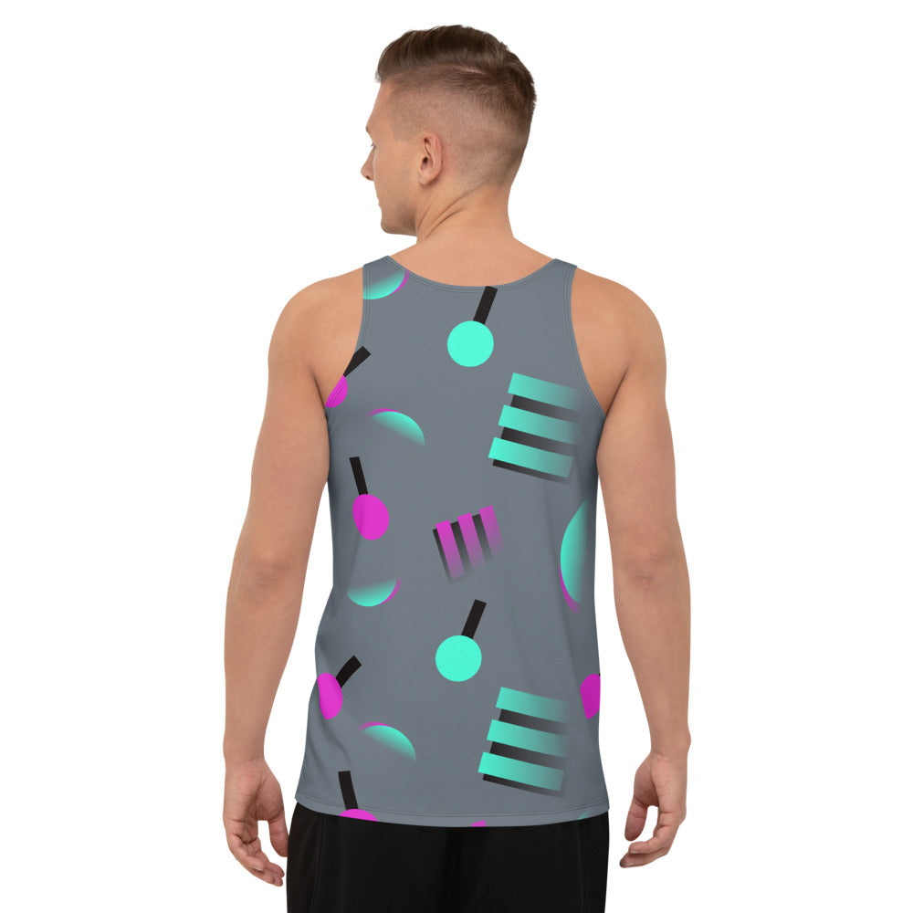 Colourful grey sports and leisure vest or tank top with an 80s Memphis and 90s Vaporwave inspired geometric pattern, consisting of large circular and square shapes in pink and mint against a blue background on this sports vest tank top by BillingtonPix