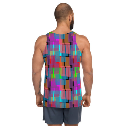 This colorful, luxury feel 60s retro style pattern sports vest has a multicolored geometric shapes pattern design, injecting that all important vintage vibrancy into your day - and what could be better than the gorgeous tones of pink, purple, orange and turquoise on this festival, gym or running tank top sportswear by BillingtonPix?