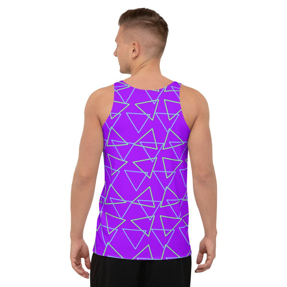 Synthwave blue and green neonwave vaporwave style triangles against a vivid purple background on our sportswear vest tank top by BillingtonPix