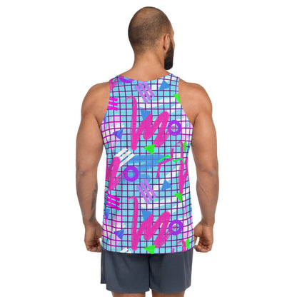 Colourful squiggles and geometric shapes in an 80s Memphis design and 90s Vaporwave style in pink, purple, green and blue men's tank top sports vest by BillingtonPix