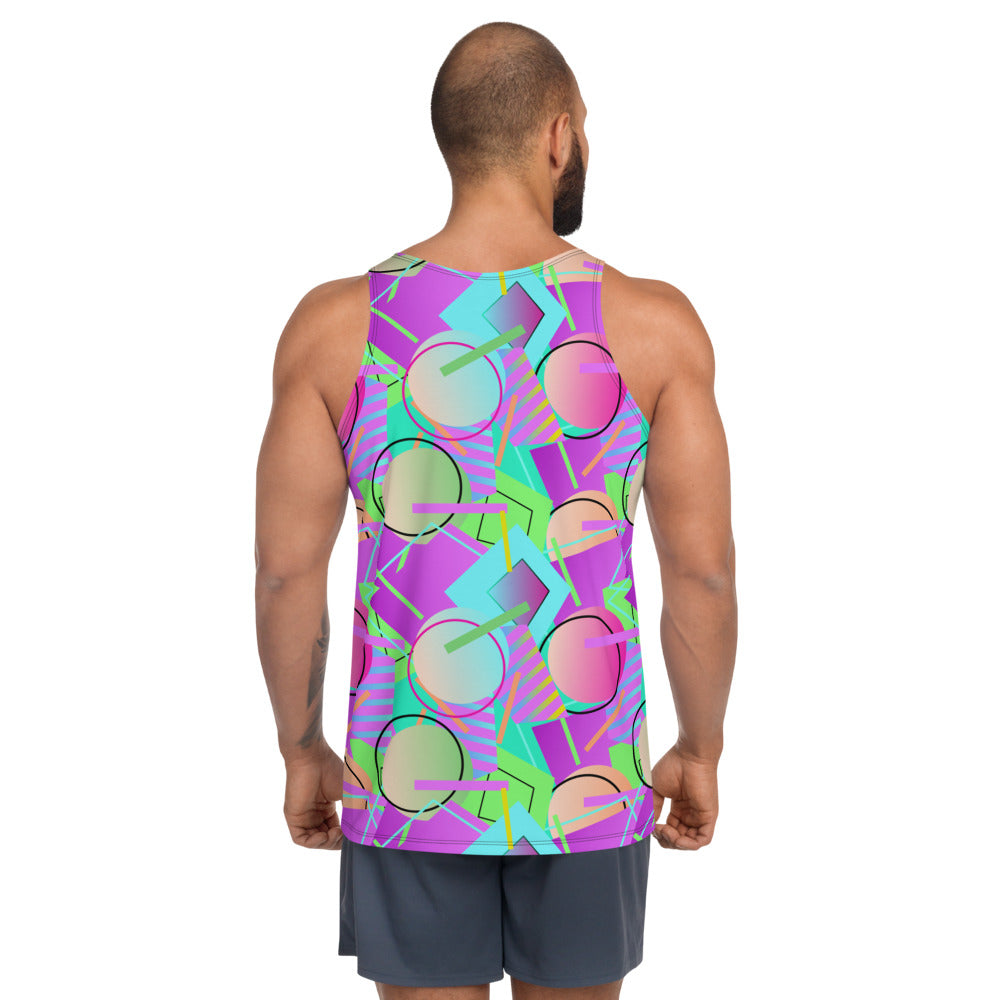 80s Memphis design men's tank top or sports vest clubbing top in a vibrant geometric all-over pattern of circles, squares and stripes in tones of blue, magenta purple, orange and green by BillingtonPix