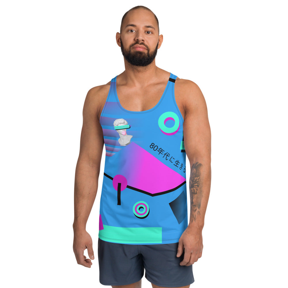 80s Japanese Vaporwave style design featuring a Michaelangelo's David reference, vintage sunset and 80s Memphis style geometric shapes, some in a gradual fade on both sides of this blue tank top by BillingtonPix