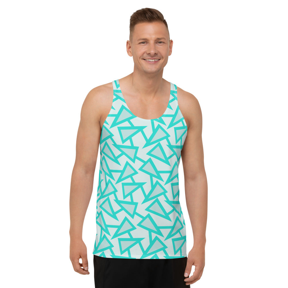 80s Memphis style geometric triangular pattern in turquoise, light grey and mint on this tank top vest by BillingtonPix