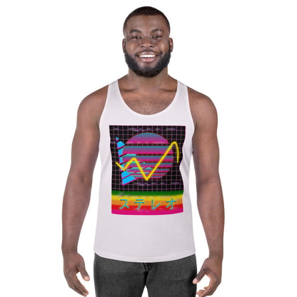 Best vaporwave tank top vest design with 80s Memphis aesthetic, vintage sunset, Japanese script, 80s betamax video cassette theme, retrowave aesthetic in a colourful Harajuku style by BillingtonPix