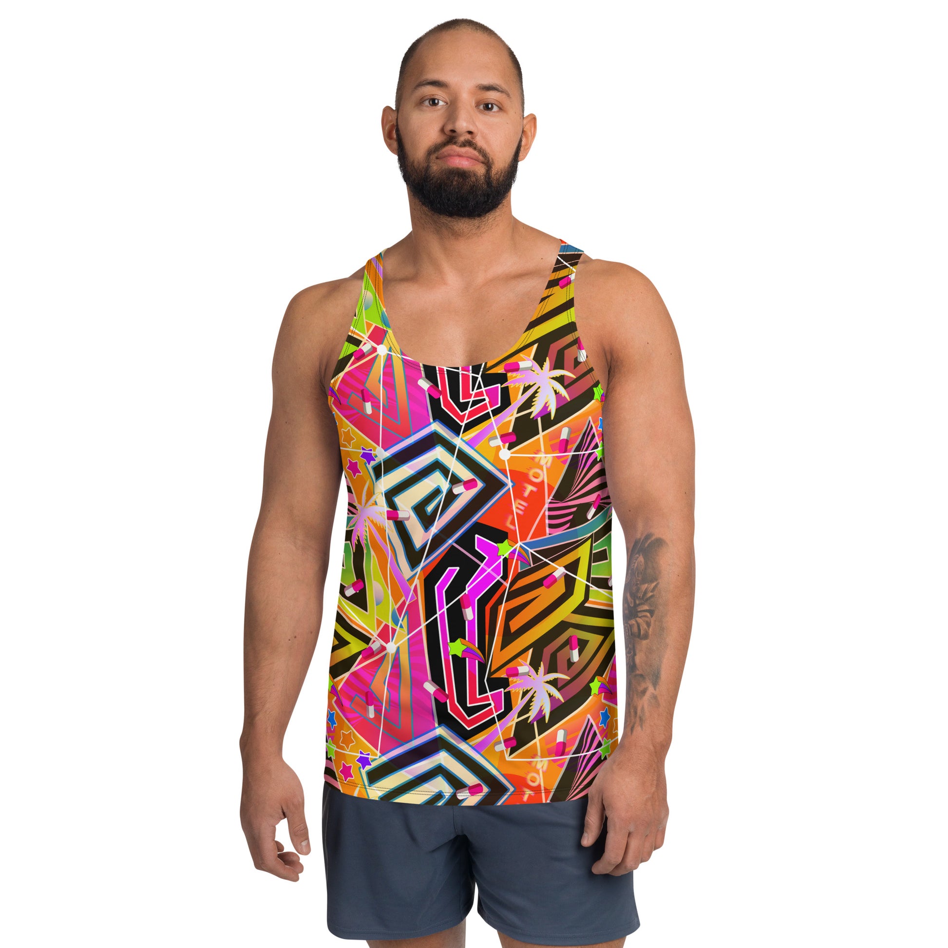 Vaporwave Menhera Men's Tank Top in orange and pink | Vibrant Retrowave Geometric Rave Outfit | Festival Clothing | Harajuku Yami Kawaii Neoncore Fashion | Macho Man cosplay outfit, clubbing outfit. Geometric shapes and neoncore patterns such as palms, neon signage and menhera kei pills