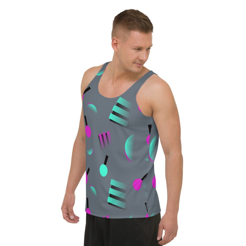 Colourful grey sports and leisure vest or tank top with an 80s Memphis and 90s Vaporwave inspired geometric pattern, consisting of large circular and square shapes in pink and mint against a blue background on this sports vest tank top by BillingtonPix