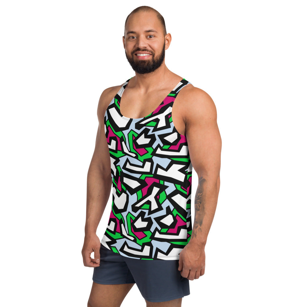 Funky patterned fashion vest or tank top in a geometric 80s Memphis design all-over pattern, in black, white, red and green against a pale blue background on this sports vest or tank top by BillingtonPix