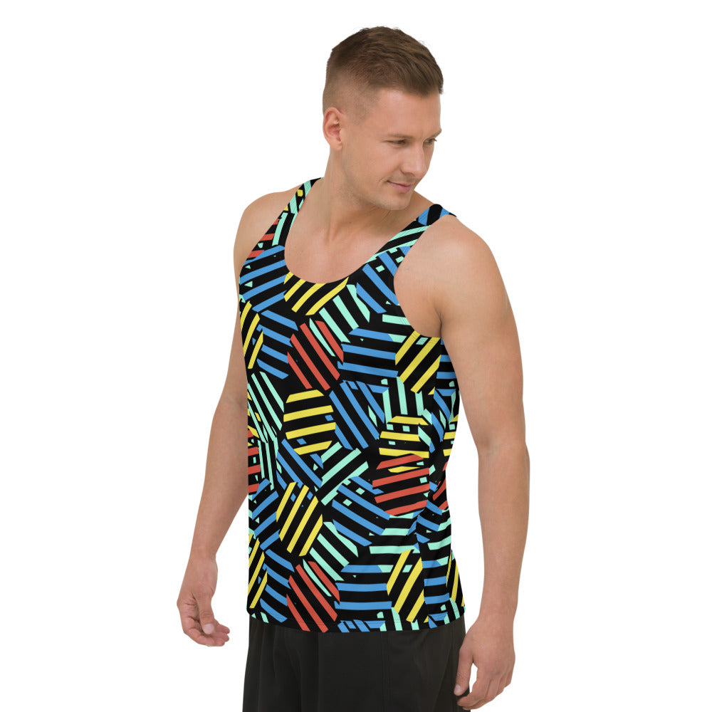 Retro style patterned men's sports vest athleisure clothing in tones of red, blue, yellow and green against a black background on this sportswear tank top by BillingtonPix