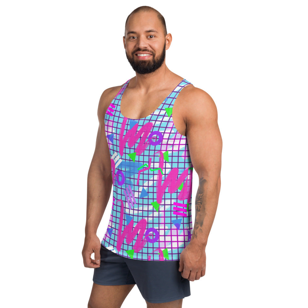 Colourful squiggles and geometric shapes in an 80s Memphis design and 90s Vaporwave style in pink, purple, green and blue men's tank top sports vest by BillingtonPix