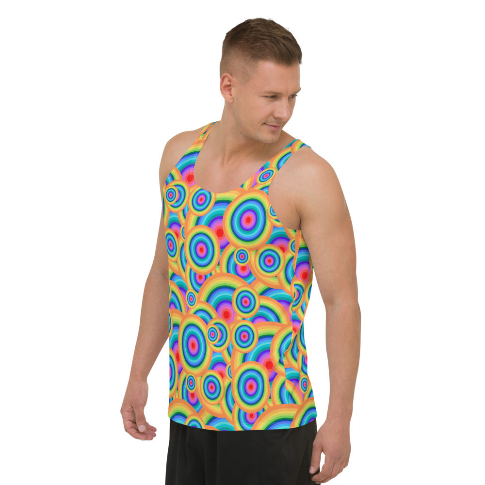 Mesmerizing pattern of colourful and overlapping concentric circles in pink, orange, yellow, turquoise and lilac on these spandex men's tank top or sports vest by BillingtonPix