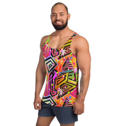 Vaporwave Menhera Men's Tank Top in orange and pink | Vibrant Retrowave Geometric Rave Outfit | Festival Clothing | Harajuku Yami Kawaii Neoncore Fashion | Macho Man cosplay outfit, clubbing outfit. Geometric shapes and neoncore patterns such as palms, neon signage and menhera kei pills