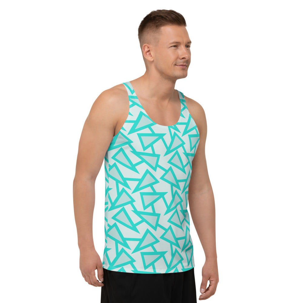 80s Memphis style geometric triangular pattern in turquoise, light grey and mint on this tank top vest by BillingtonPix