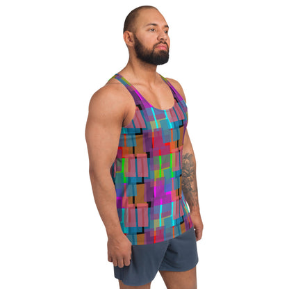 This colorful, luxury feel 60s retro style pattern sports vest has a multicolored geometric shapes pattern design, injecting that all important vintage vibrancy into your day - and what could be better than the gorgeous tones of pink, purple, orange and turquoise on this festival, gym or running tank top sportswear by BillingtonPix?