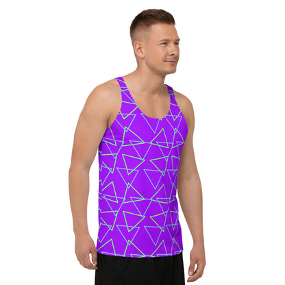 Synthwave blue and green neonwave vaporwave style triangles against a vivid purple background on our sportswear vest tank top by BillingtonPix