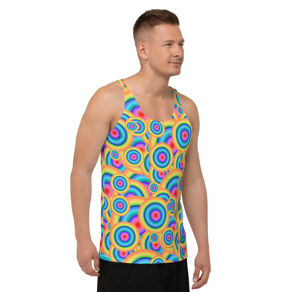 Mesmerizing pattern of colourful and overlapping concentric circles in pink, orange, yellow, turquoise and lilac on these spandex men's tank top or sports vest by BillingtonPix