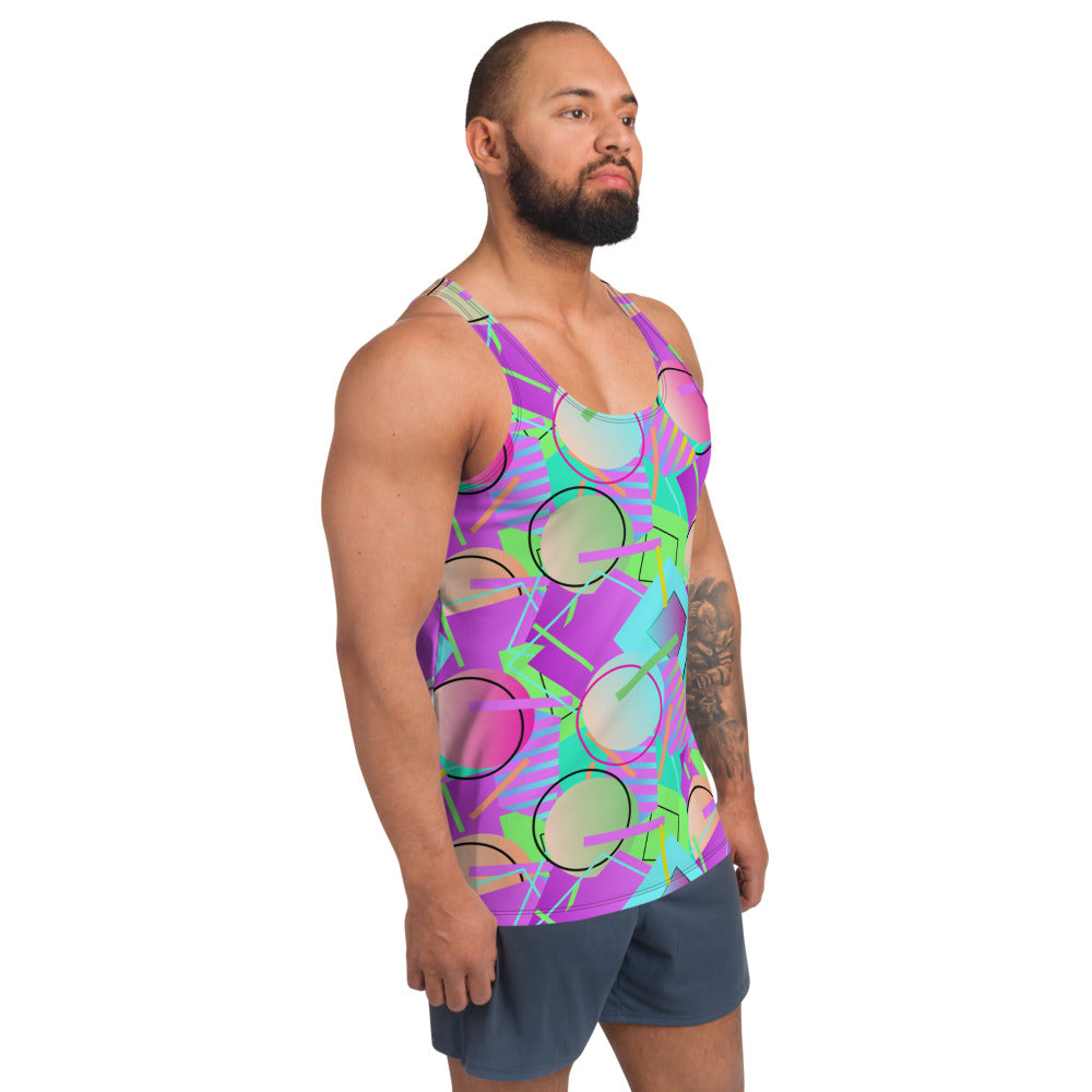 80s Memphis design men's tank top or sports vest clubbing top in a vibrant geometric all-over pattern of circles, squares and stripes in tones of blue, magenta purple, orange and green by BillingtonPix