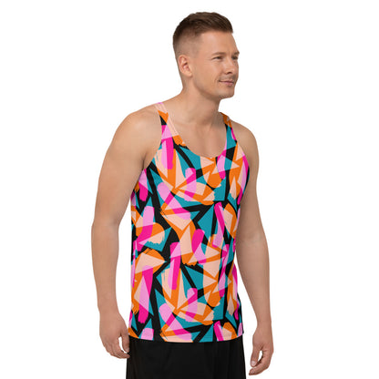 Geometric patterned 90s Memphis design men's gym tank top sports vest streetwear athleisure streetwear fashion in colorful tones of pink, turquoise green and orange against a black background on this Harajuku design tanktop by BillingtonPix