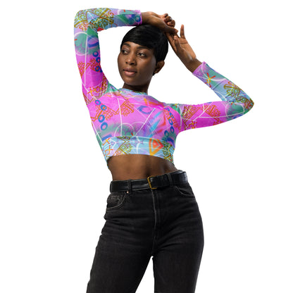 Pink and blue vaporwave mandala patterned underboob crop top for women in a soft and stretchy recycled polyester fabric. Long sleeved and crew neck with a high waistband. Geometric design on this rave clothing for women