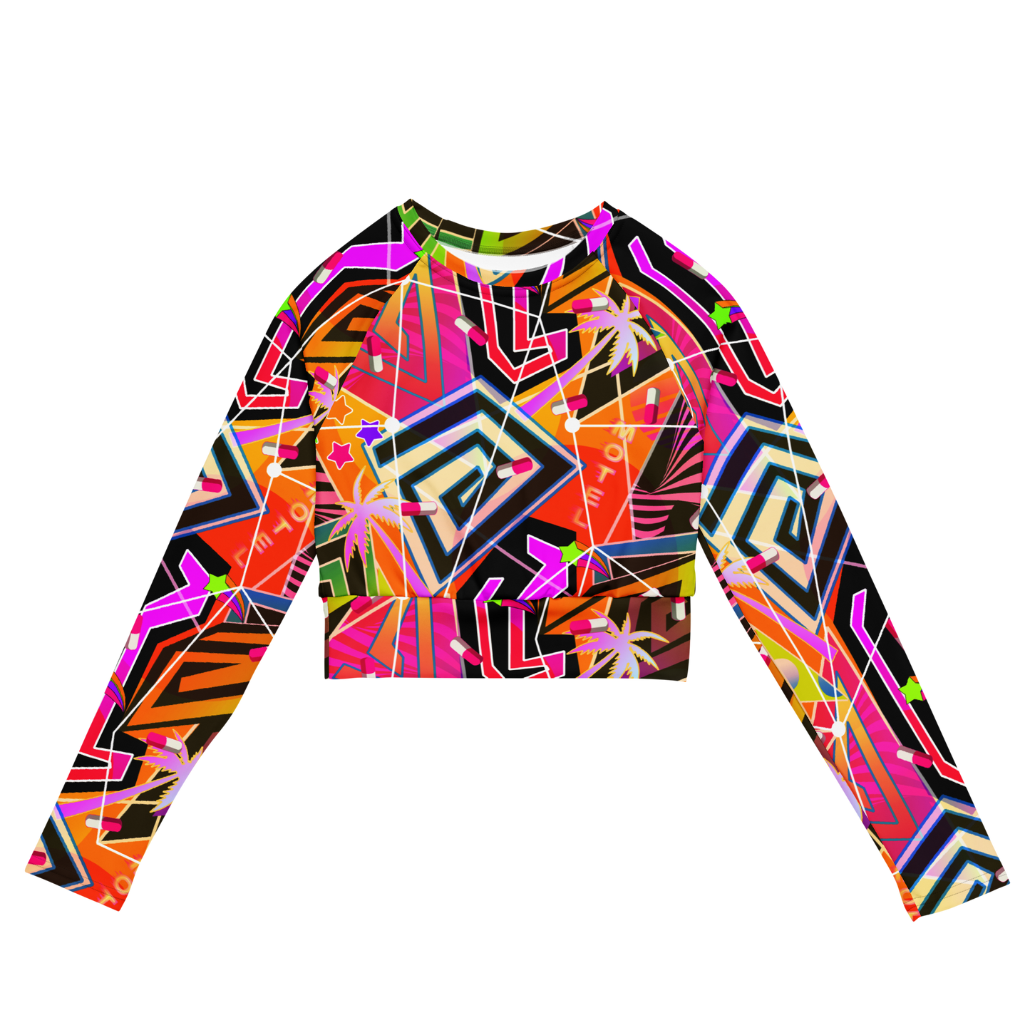 Orange retrowave geometric neoncore womens underboob crop top made with recycled polyester in a vibrant sparkling patterned design. Crew neck and long arms in raglan style with a high waistband. Soft and stretchy with orange, pink, black and white Vegas Vaporwave motifs on this cropped bikini top for women