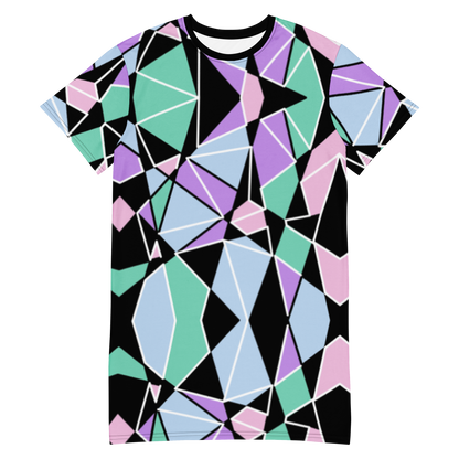 Pastel Goth Harajuku fashion t-shirt dress for men or women with geometric pastel tones of purple, pink, blue and green with black and a white overlay by BillingtonPix