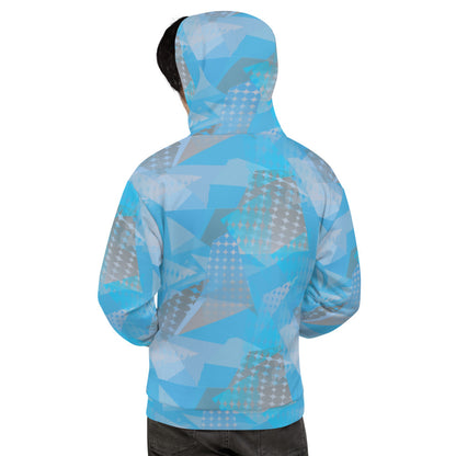 Retro 90s style blue and grey geometric patterned hoodie by BillingtonPix