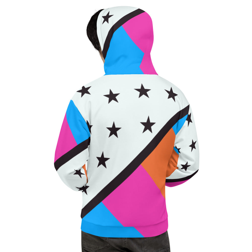 80s Memphis stars and stripes design in bold colours and shapes including pink, blue, orange, black and white with black stars on this contemporary hoodie by BillingtonPix