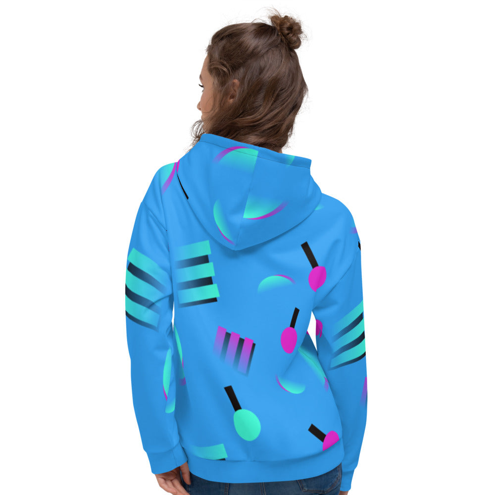 Colourful blue hoodie with an 80s Memphis and 90s Vaporwave inspired geometric pattern, consisting of large circular and square shapes in pink and mint against a blue background on this hoodie pullover by BillingtonPix